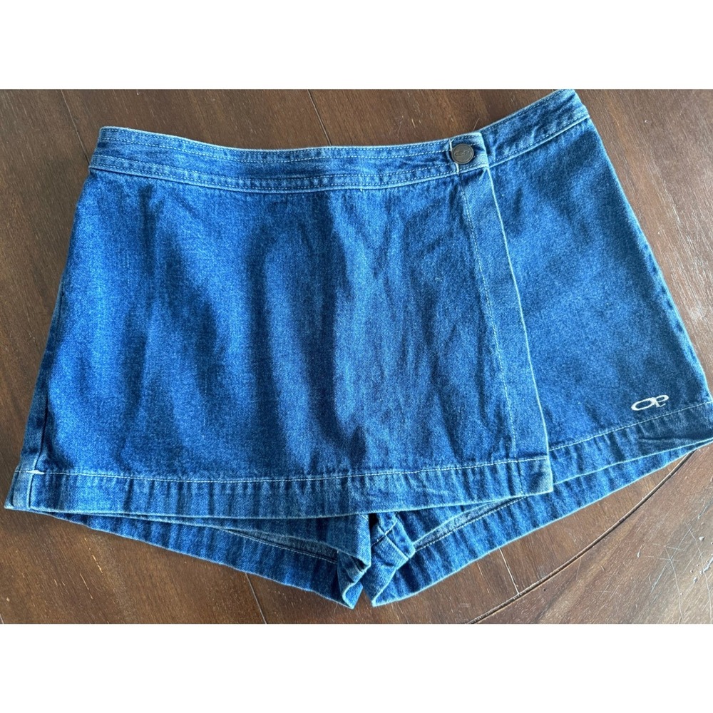 Vintage OP Ocean Pacific Denim Skort Blue Medium Wash Wrap Front Shorts Womens 7